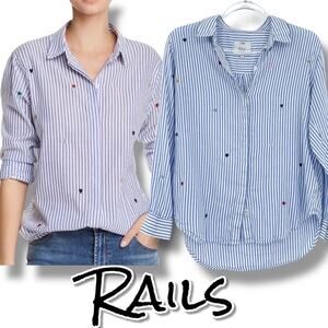 Rails Taylor Rainbow Heart Embroidered Blue White Stripe Shirt Womens Size S